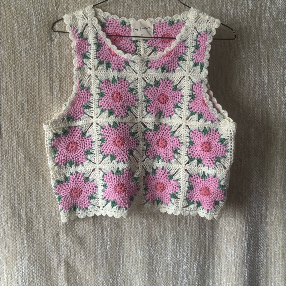 Floral Crochet Tank Top - Pink and Cream